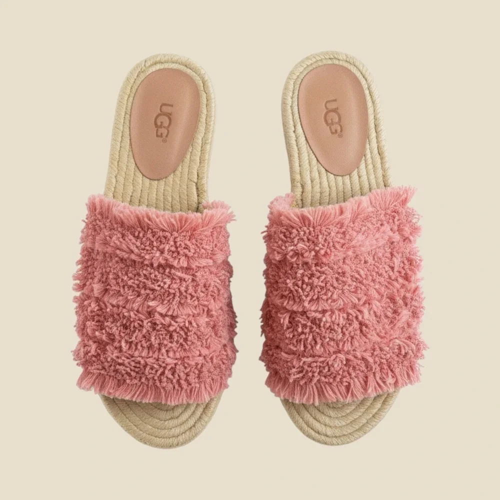 UGG Poppy Pink Fringe Espadrille Slide Sandals 1090849 Womens 6